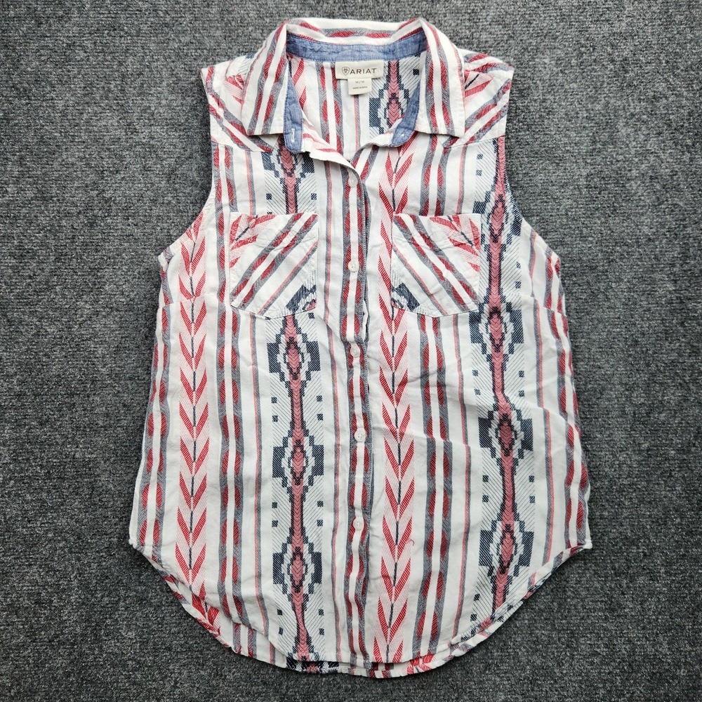 Ariat Red White Blue Striped Sleeveless Button-Down Shirt